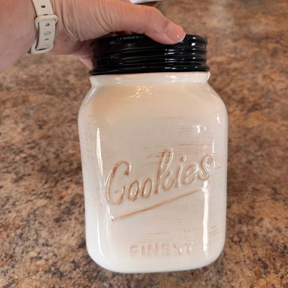 Farmhouse Ceramic Mason Jar Cookie Jar White Distressed Vintage Country Kitchen